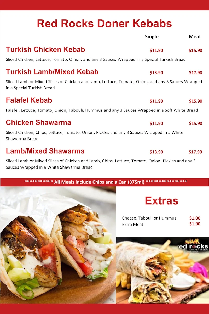 Menu, Red Rocks Charcoal Chicken & Kebab, Point Cook