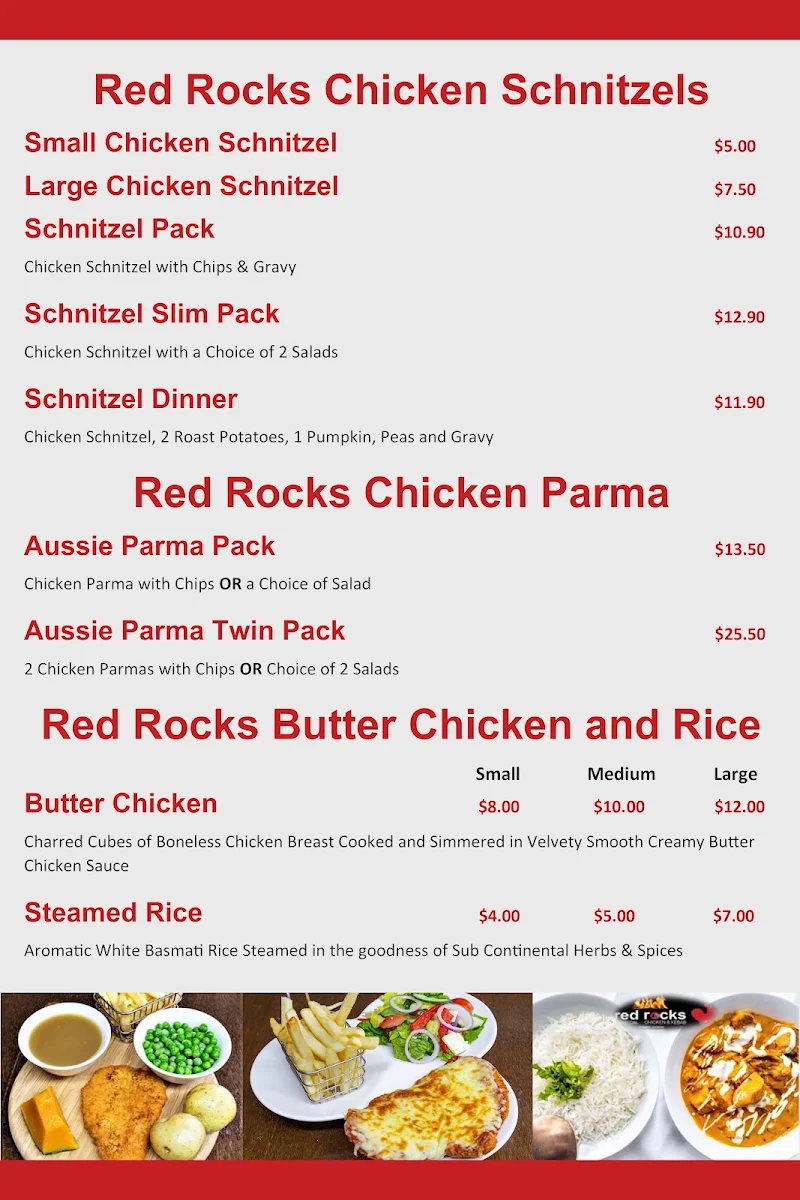 Menu, Red Rocks Charcoal Chicken & Kebab, Point Cook