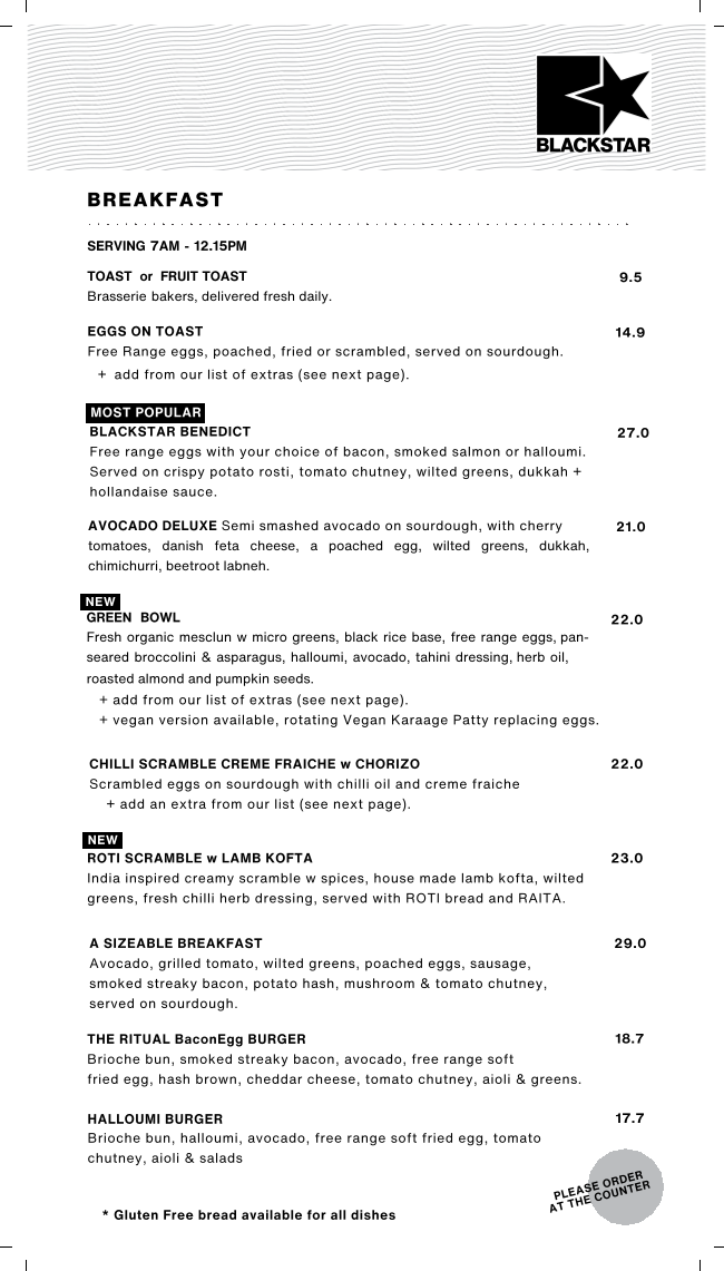 Menu, Blackstar Coffee Roasters - West End