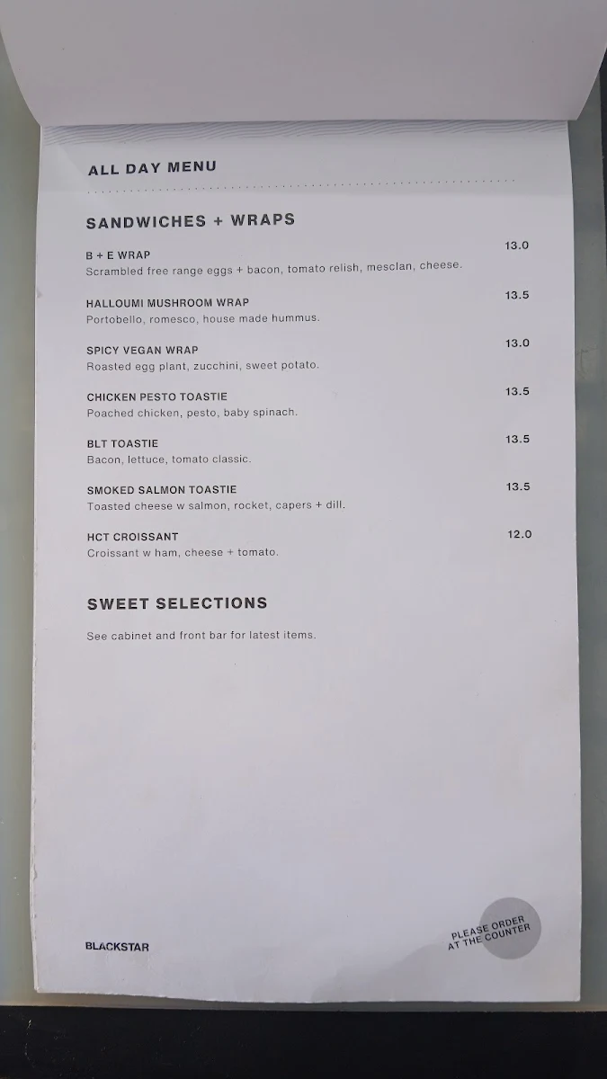 Menu, Blackstar Coffee Roasters - West End