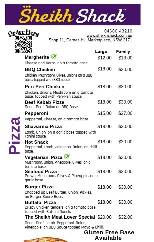 Menu, Sheikh Shack (Manoosh, Pizza and Kebabs)