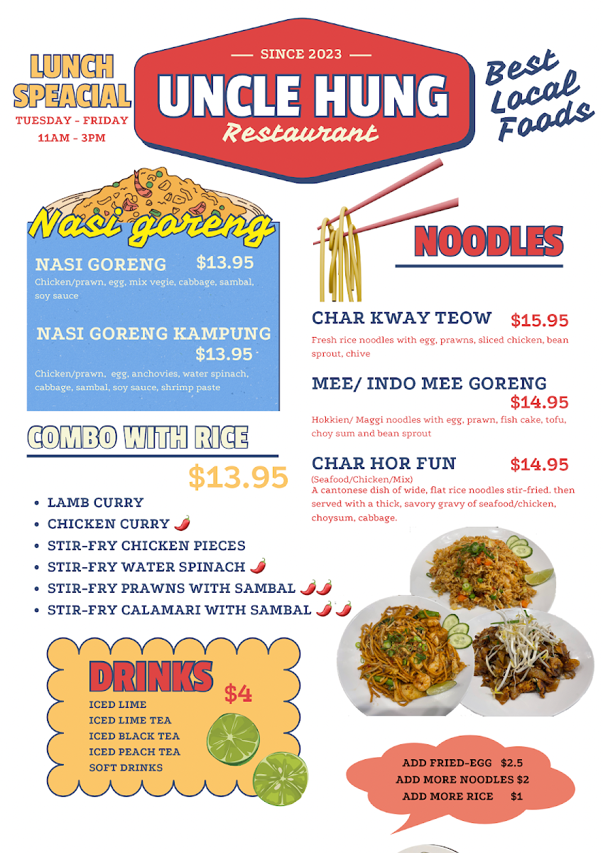 Menu, Uncle Hung Malaysian restaurant