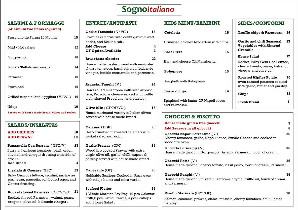 Menu, Sogno Italiano Burleigh Waters