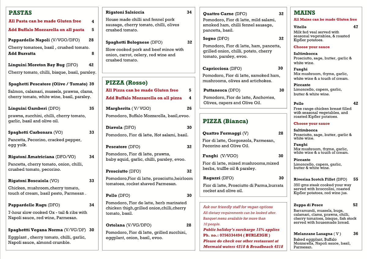 Menu, Sogno Italiano Burleigh Waters