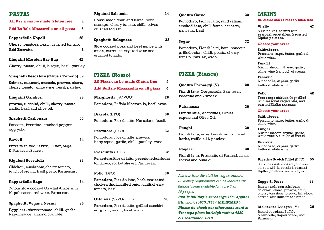 Menu, Sogno Italiano Burleigh Waters