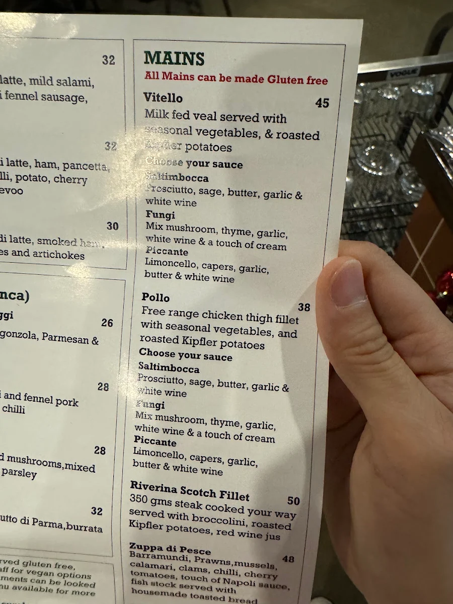 Menu, Sogno Italiano Burleigh Waters