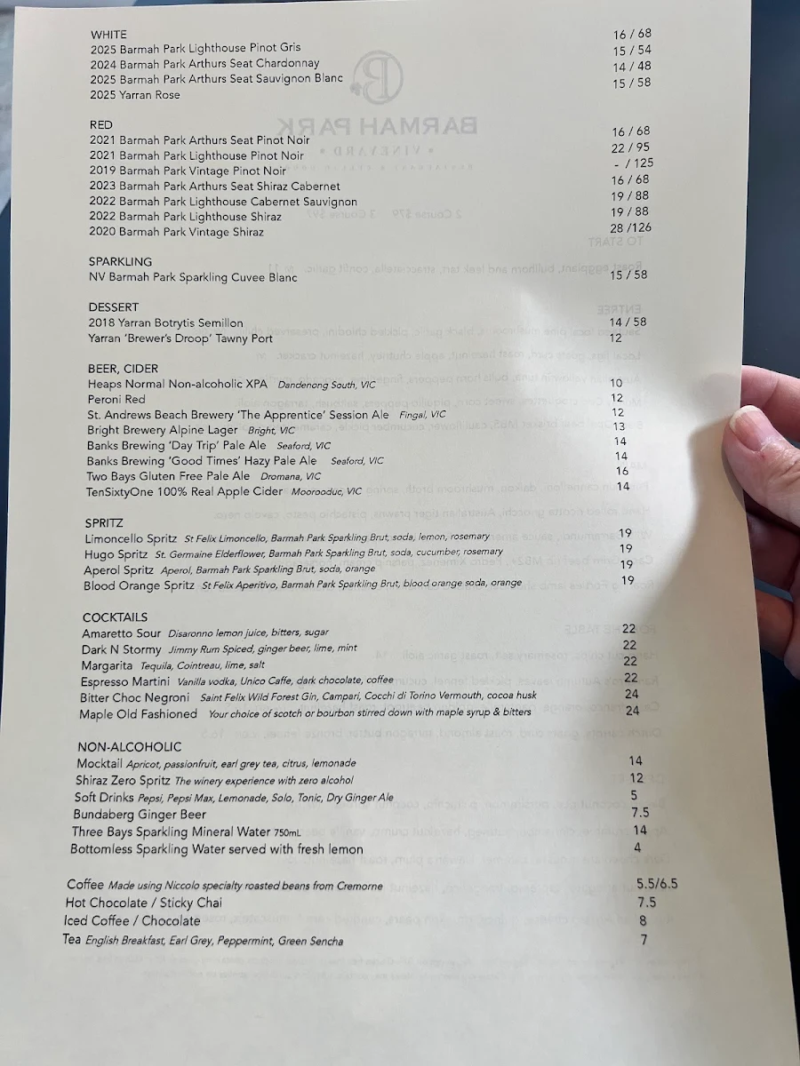 Menu, Barmah Park Restaurant & Cellar Door
