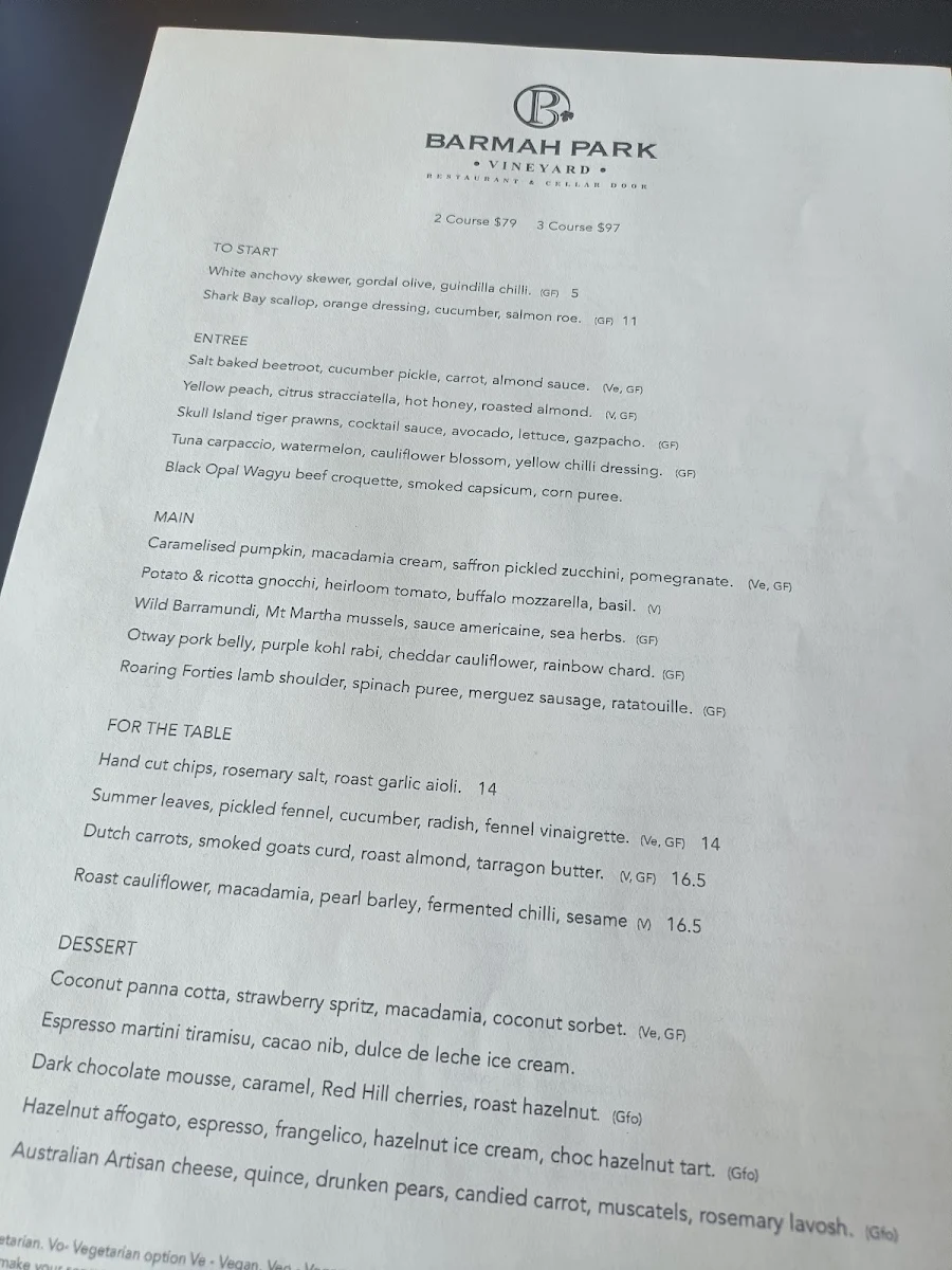 Menu, Barmah Park Restaurant & Cellar Door