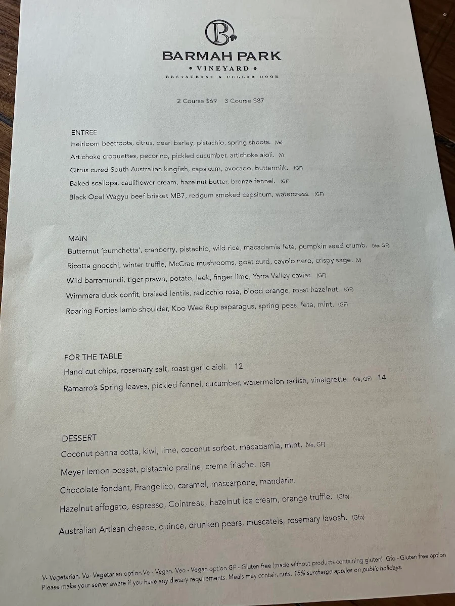 Menu, Barmah Park Restaurant & Cellar Door