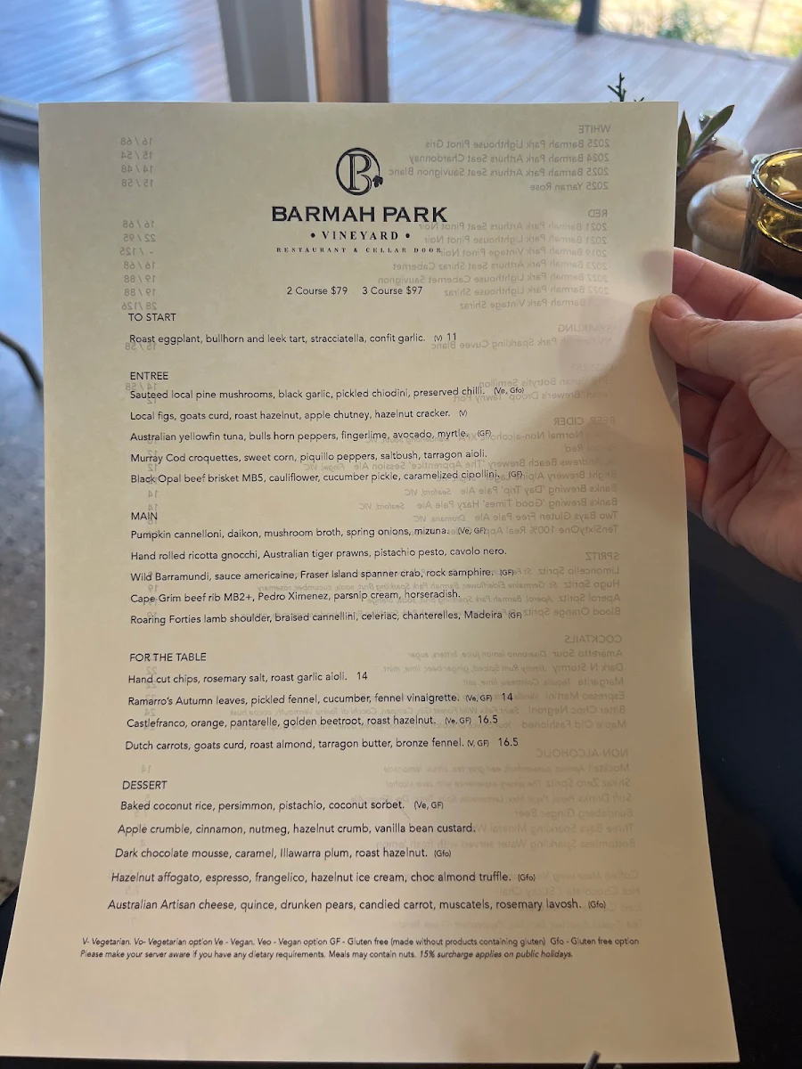 Menu, Barmah Park Restaurant & Cellar Door