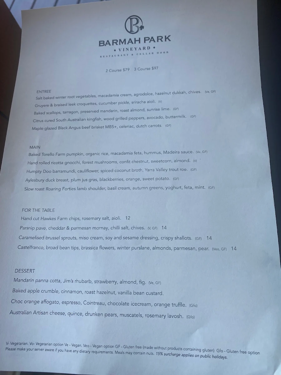 Menu, Barmah Park Restaurant & Cellar Door