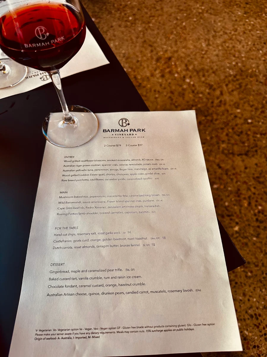 Menu, Barmah Park Restaurant & Cellar Door
