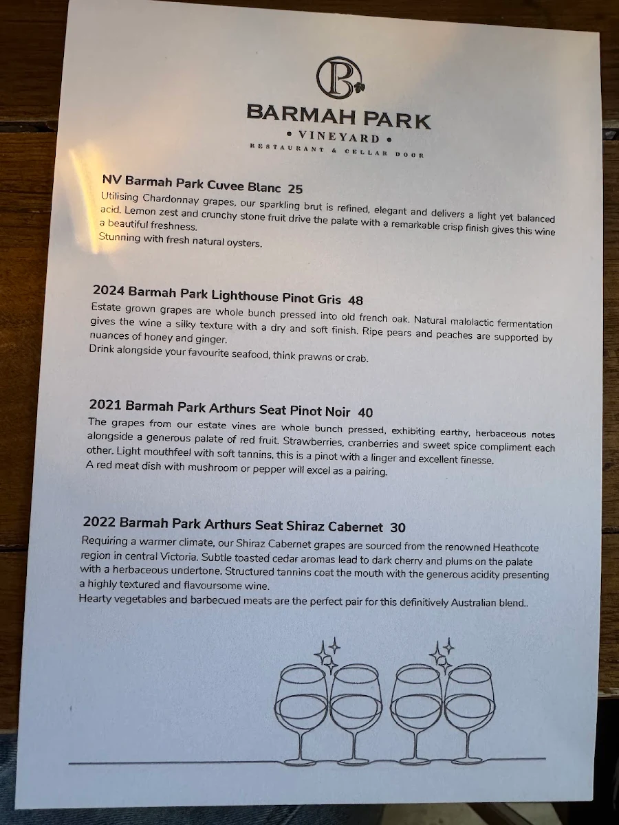 Menu, Barmah Park Restaurant & Cellar Door