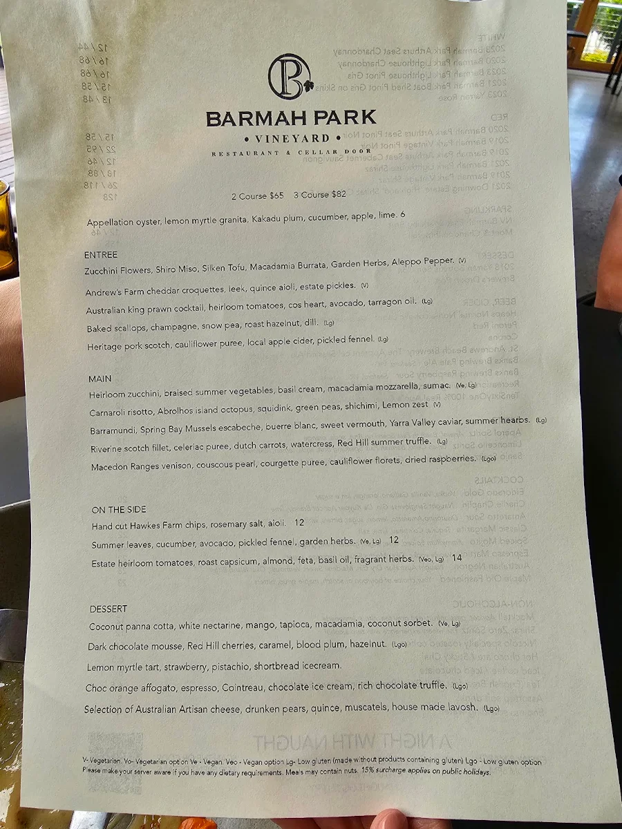 Menu, Barmah Park Restaurant & Cellar Door