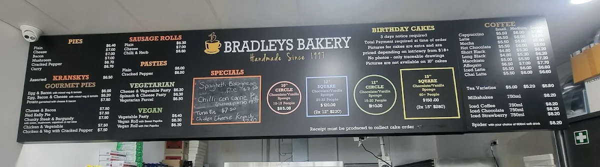 Menu, Bradley's Bakery