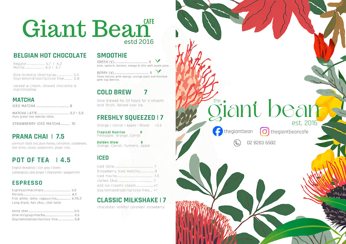 Menu, The Giant Bean Cafe