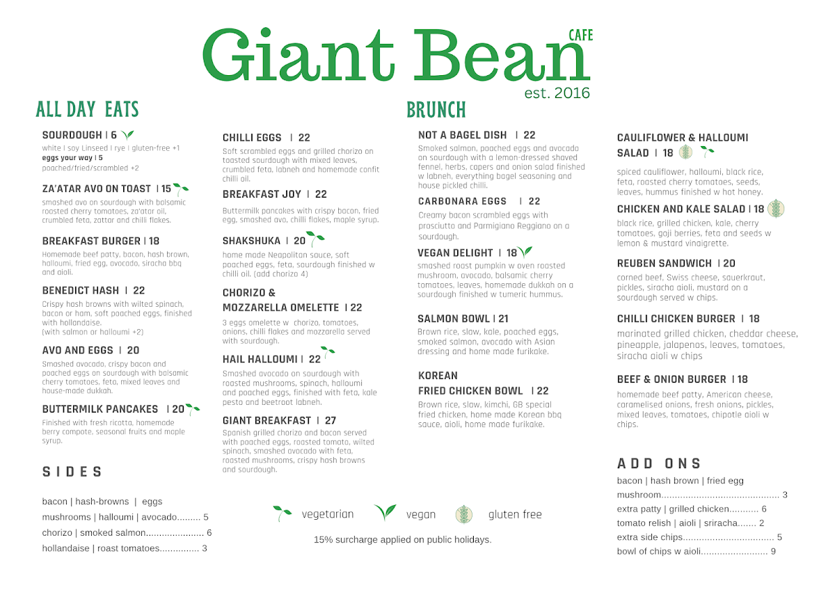 Menu, The Giant Bean Cafe