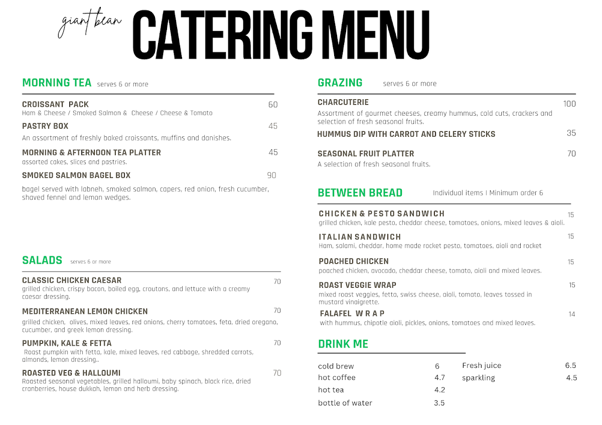 Menu, The Giant Bean Cafe
