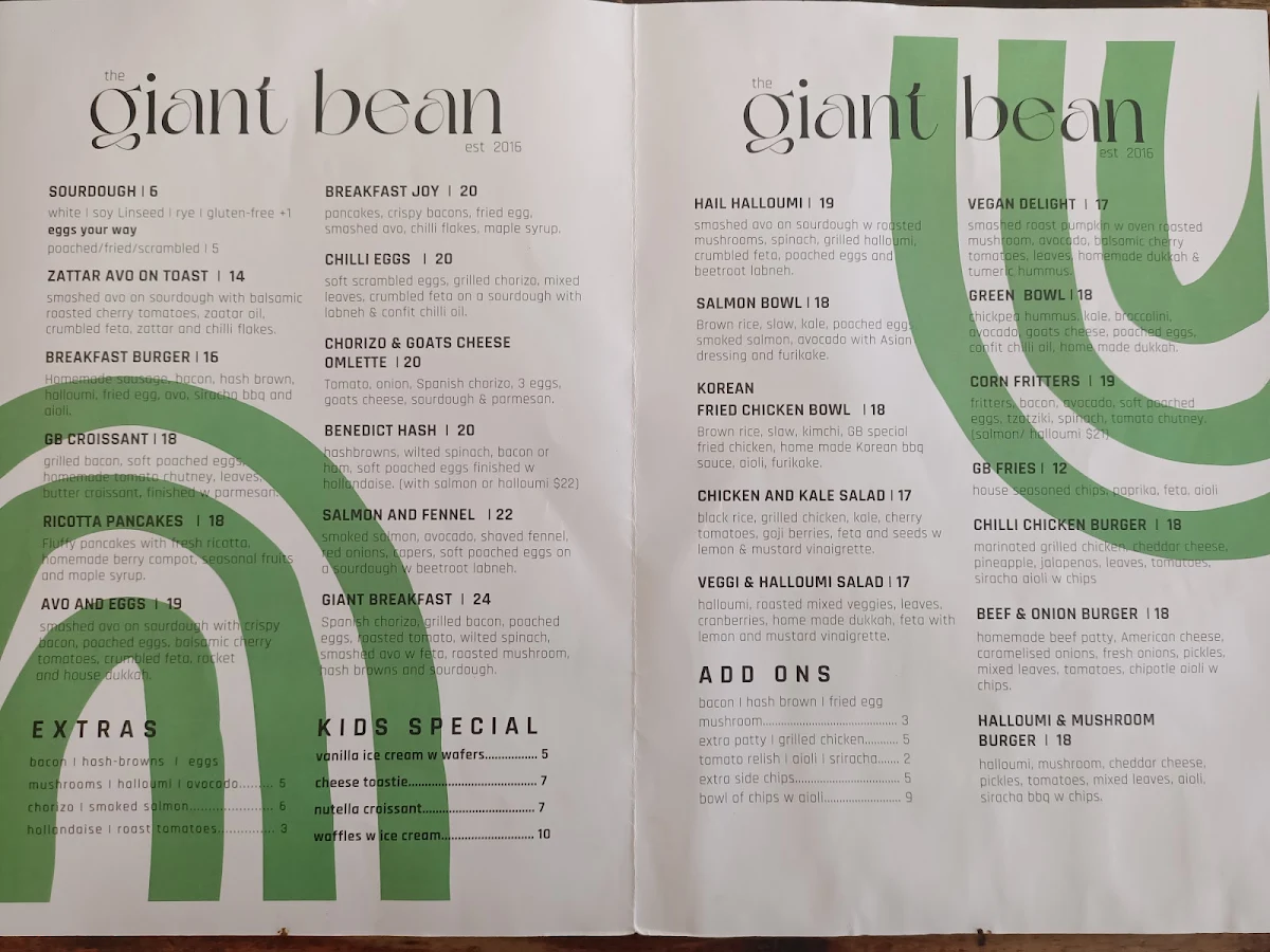 Menu, The Giant Bean Cafe