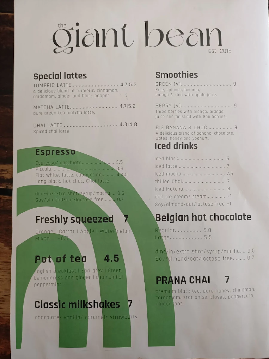 Menu, The Giant Bean Cafe