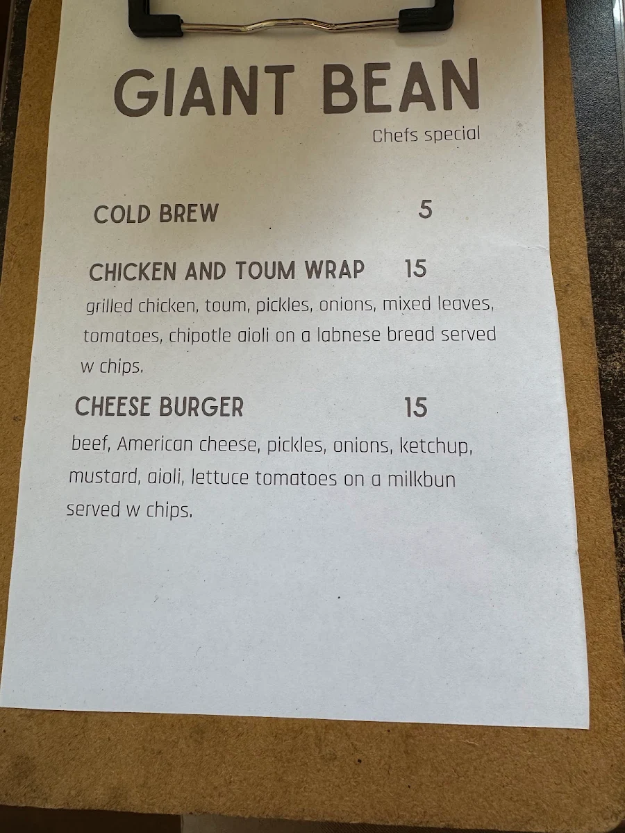 Menu, The Giant Bean Cafe