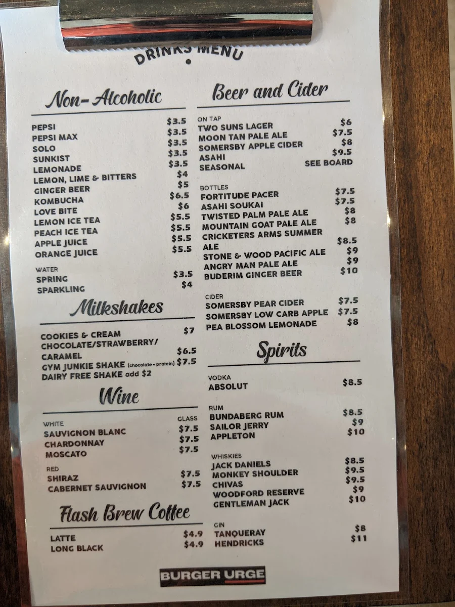 Menu, Burger Urge (Glendale)