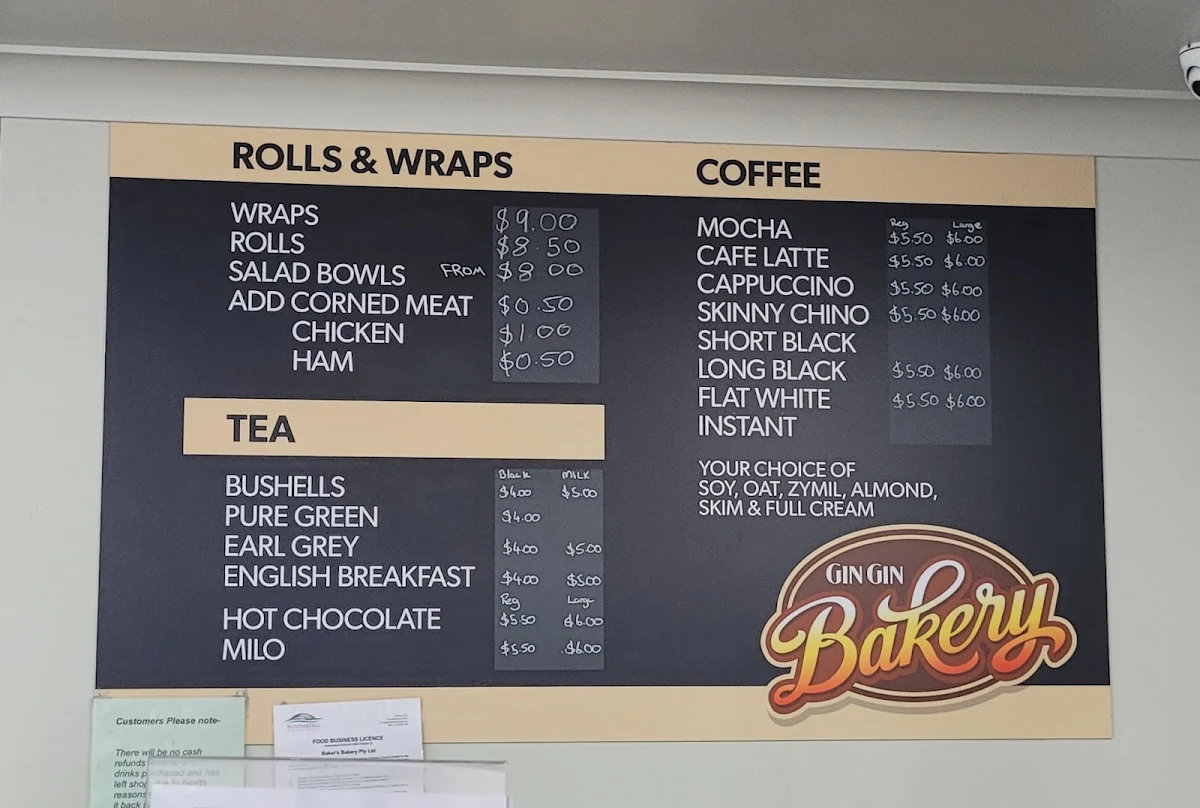 Menu, Gin Gin Bakery