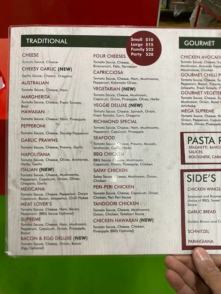 Menu, Richmond Village Pizzeria