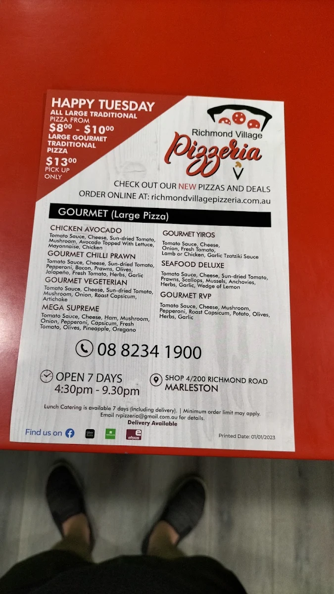 Menu, Richmond Village Pizzeria