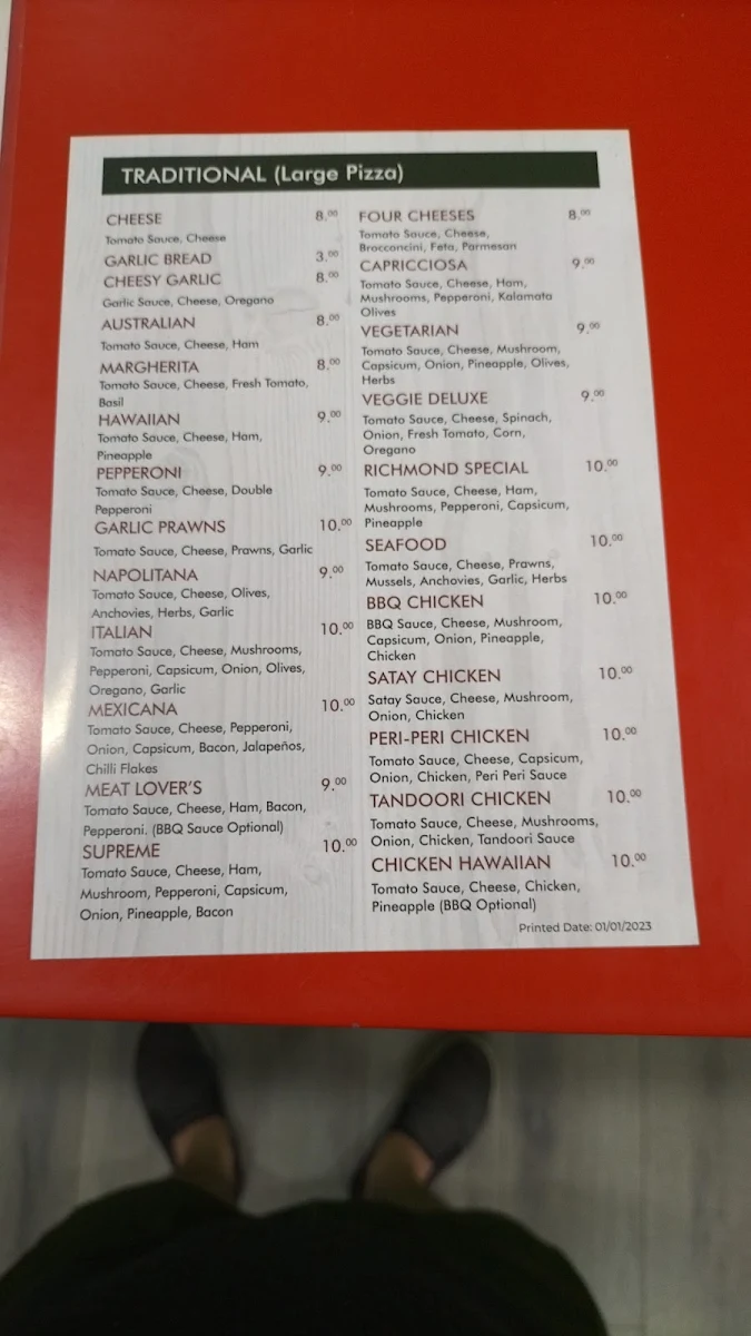 Menu, Richmond Village Pizzeria