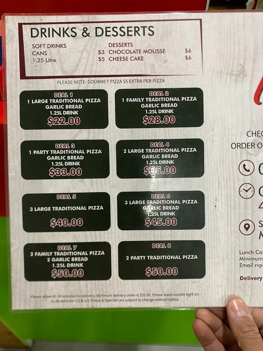 Menu, Richmond Village Pizzeria