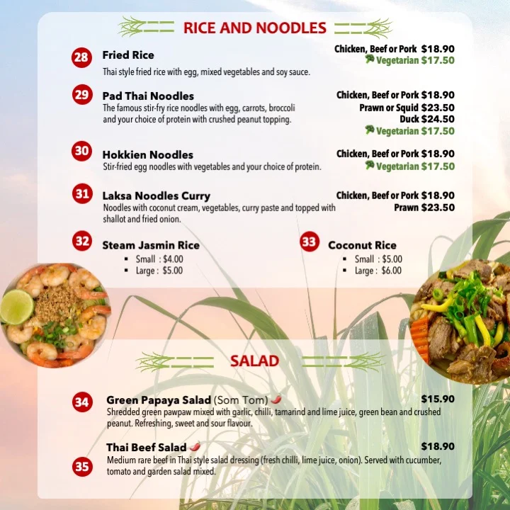 Menu, Thai Sugarcane Gordonvale Thai Restaurant