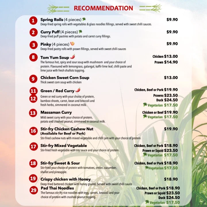 Menu, Thai Sugarcane Gordonvale Thai Restaurant