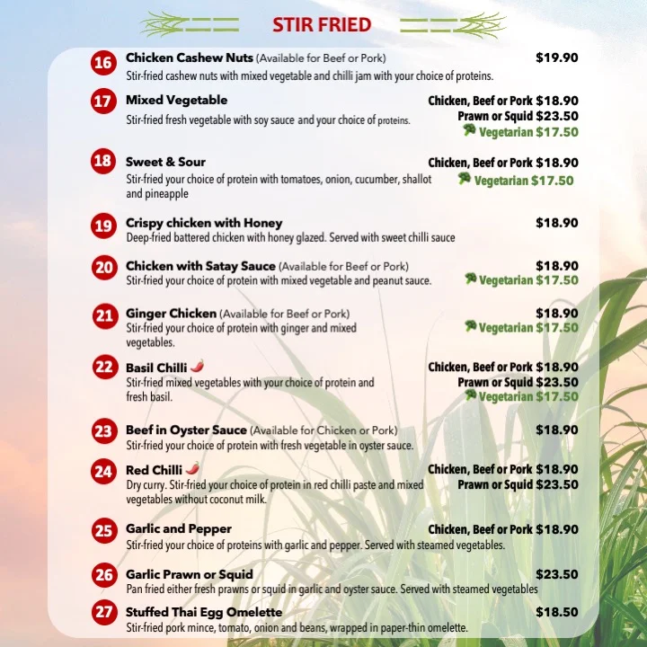 Menu, Thai Sugarcane Gordonvale Thai Restaurant