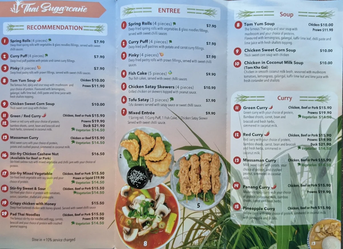 Menu, Thai Sugarcane Gordonvale Thai Restaurant