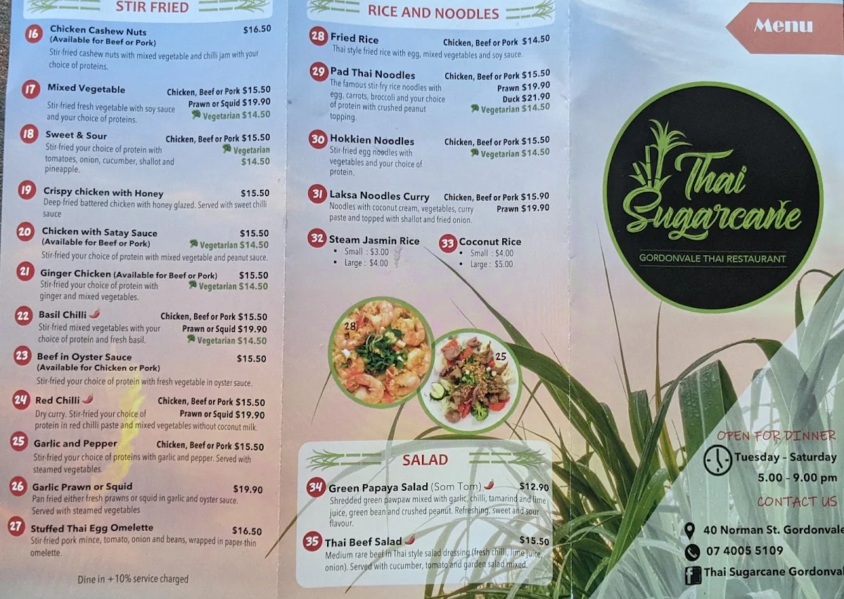 Menu, Thai Sugarcane Gordonvale Thai Restaurant