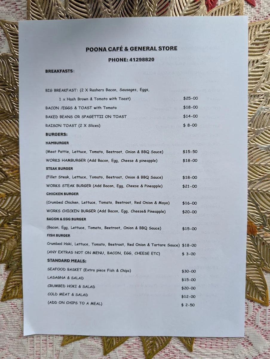 Menu, Poona Bay Cafe & General Store