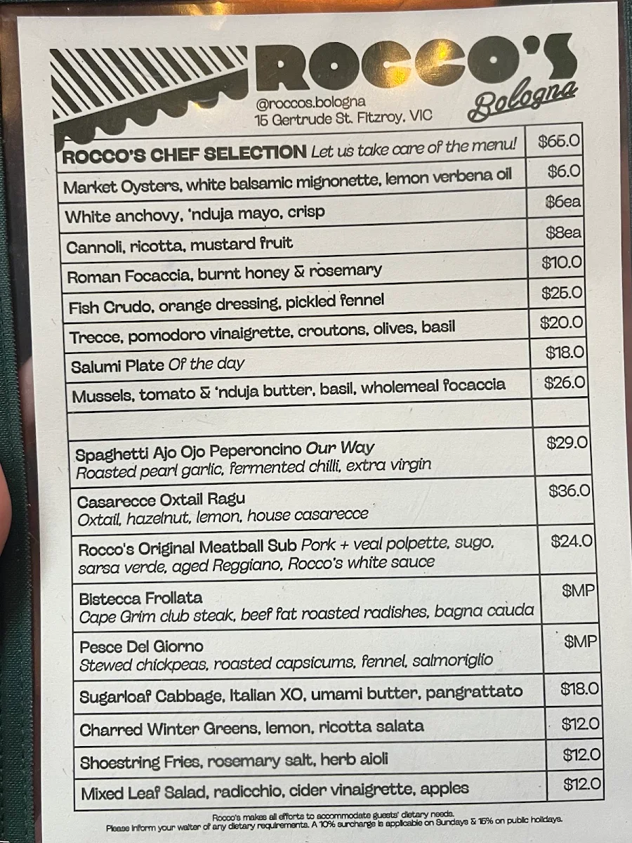 Menu, Rocco’s Bologna Discoteca