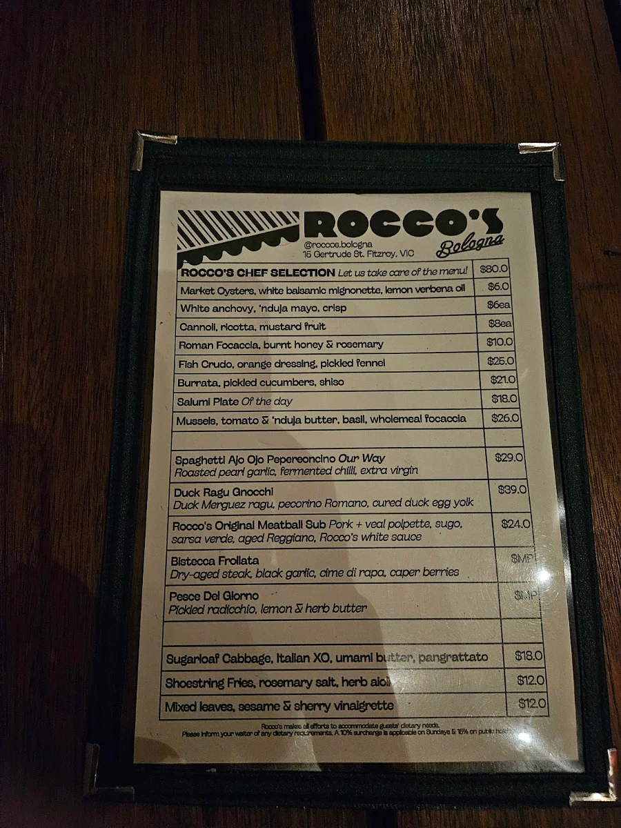Menu, Rocco’s Bologna Discoteca