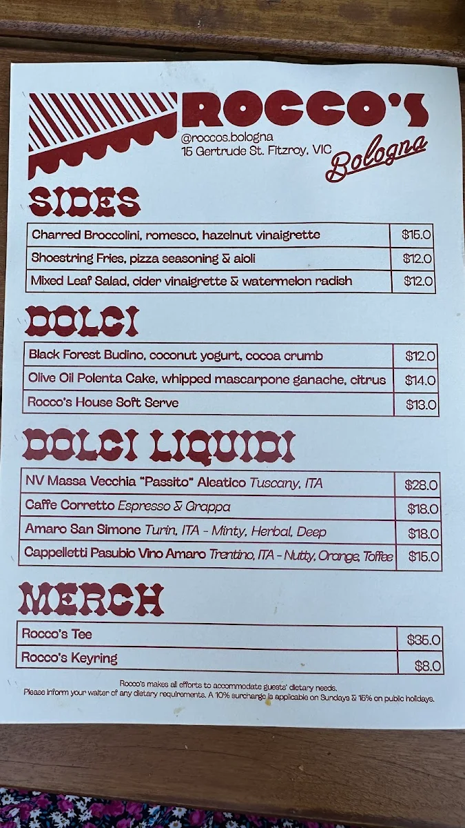 Menu, Rocco’s Bologna Discoteca