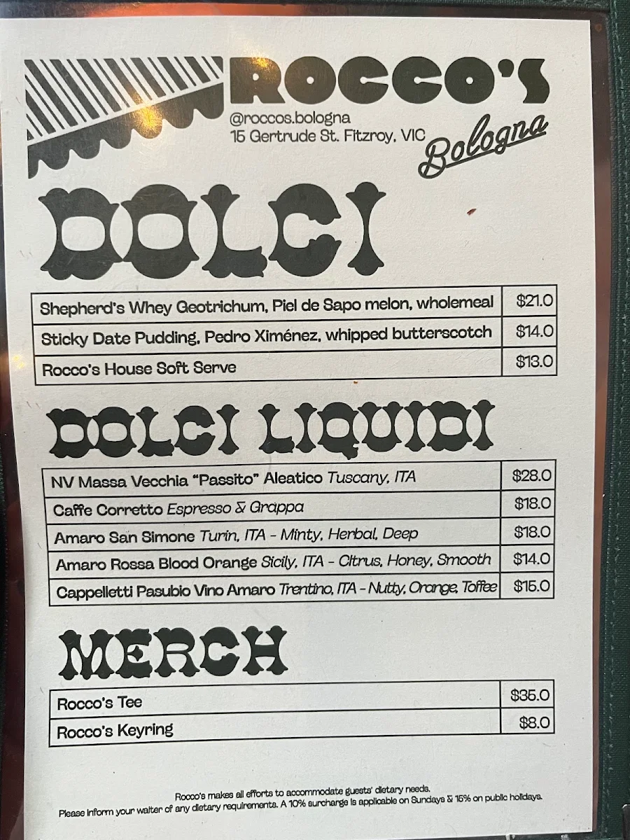 Menu, Rocco’s Bologna Discoteca