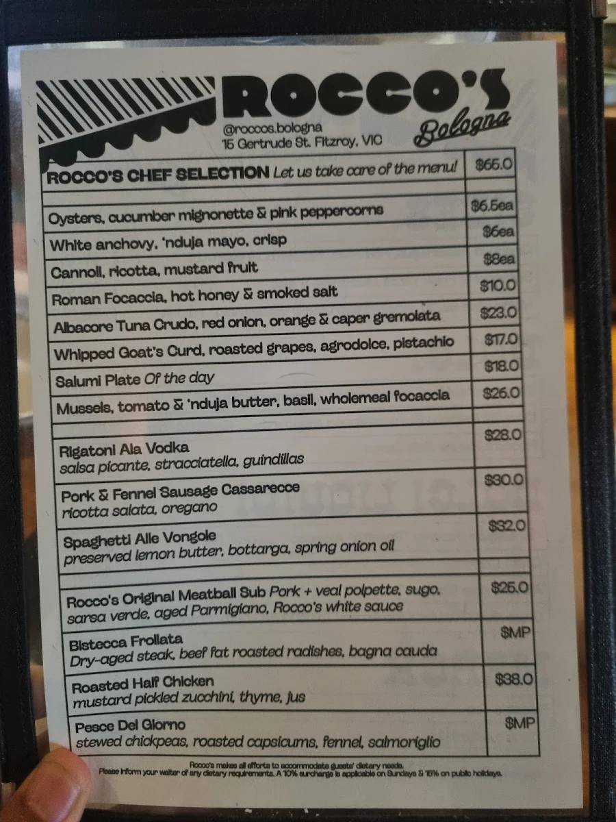 Menu, Rocco’s Bologna Discoteca