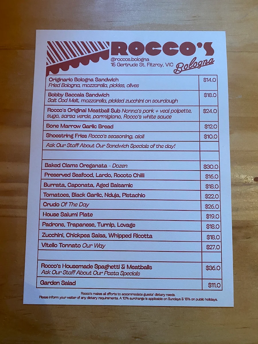 Menu, Rocco’s Bologna Discoteca