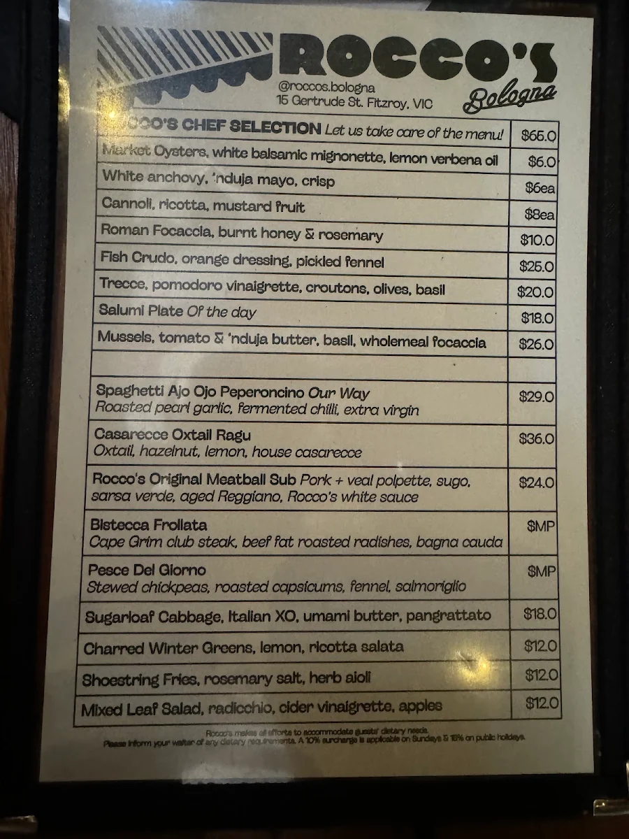 Menu, Rocco’s Bologna Discoteca