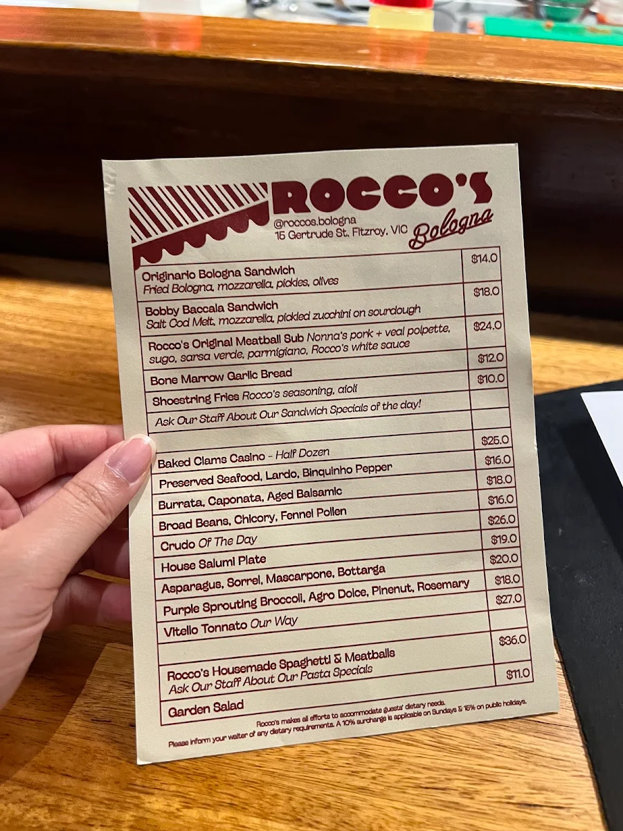 Menu, Rocco’s Bologna Discoteca