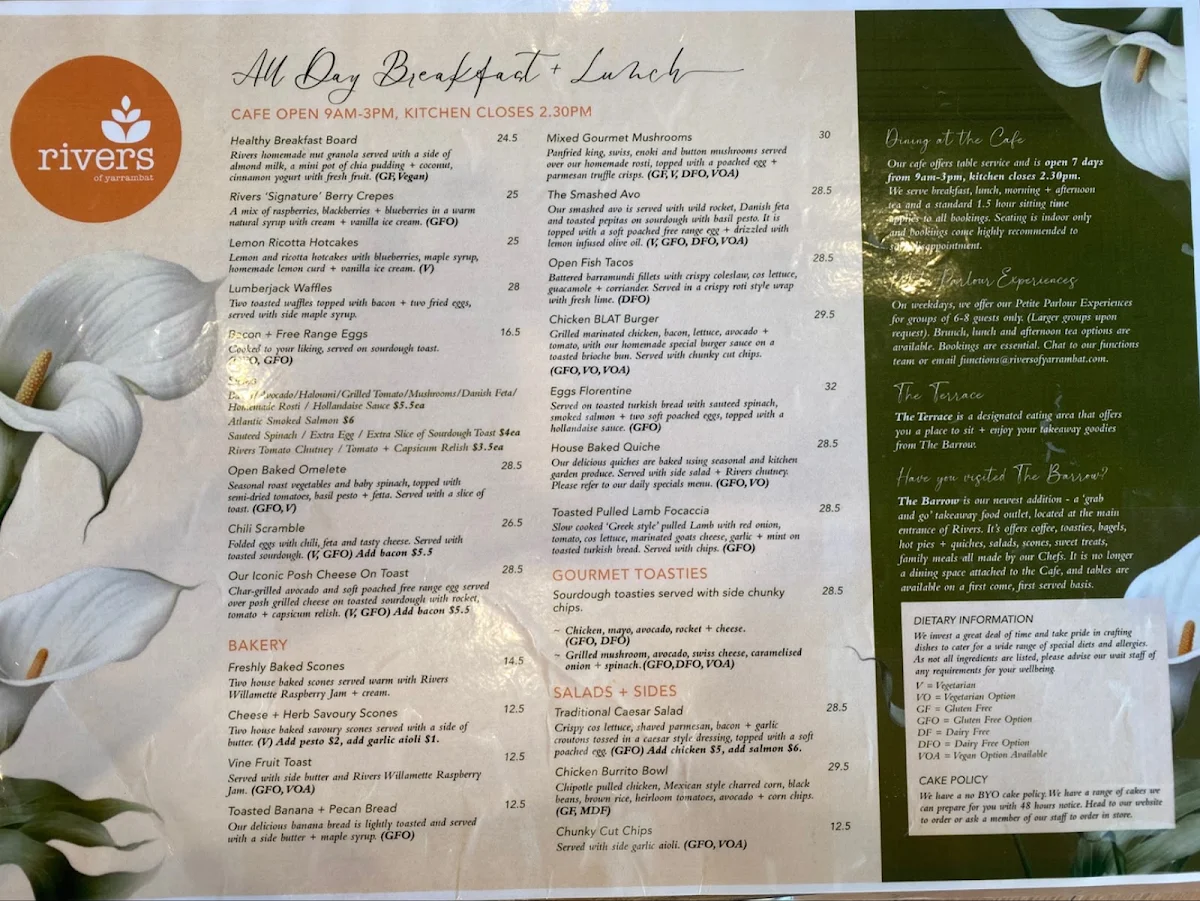Menu, Rivers of Yarrambat