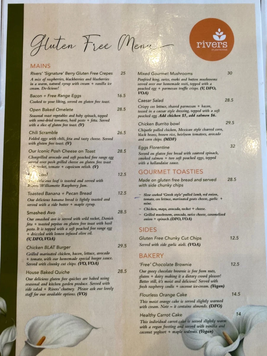 Menu, Rivers of Yarrambat