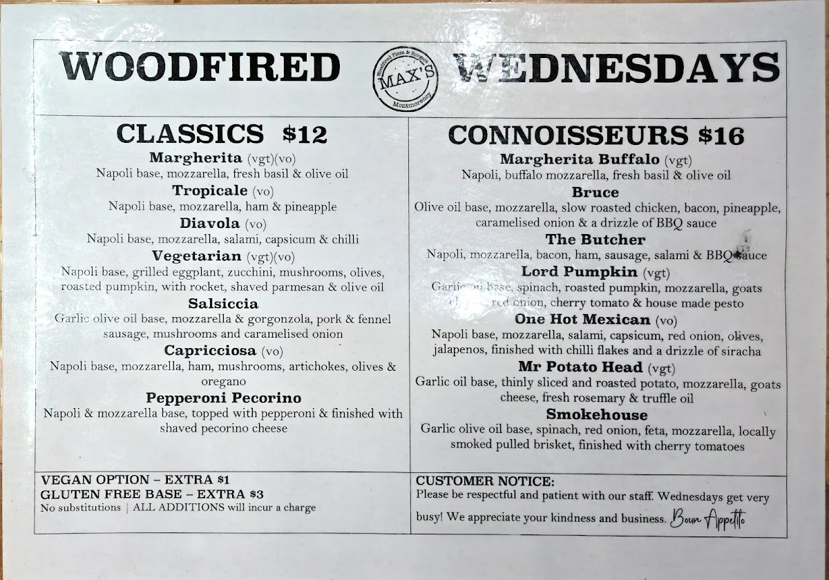 Menu, Max's Woodfired Pizza & Burgers