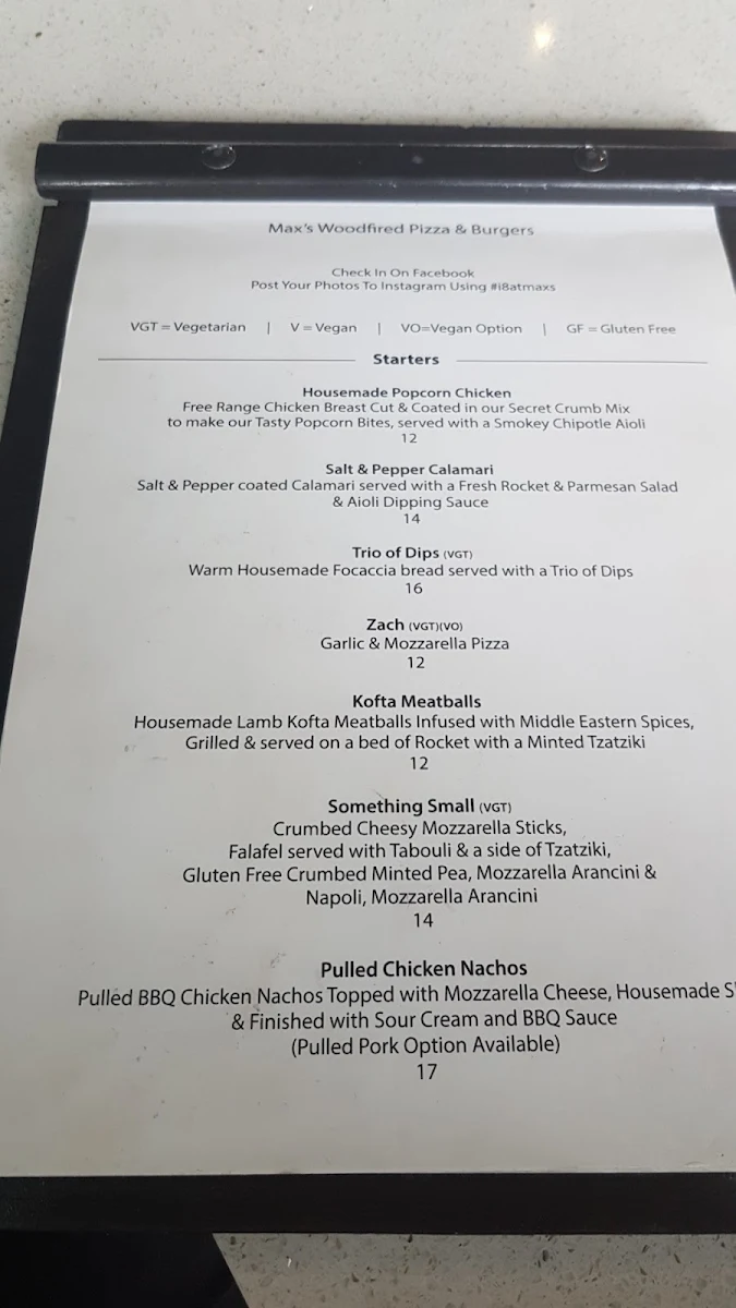 Menu, Max's Woodfired Pizza & Burgers