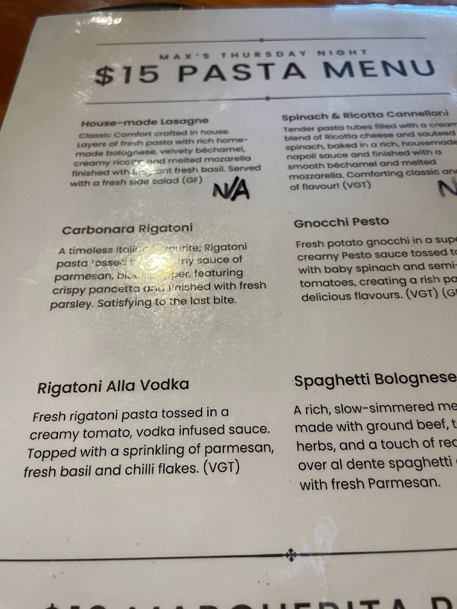 Menu, Max's Woodfired Pizza & Burgers